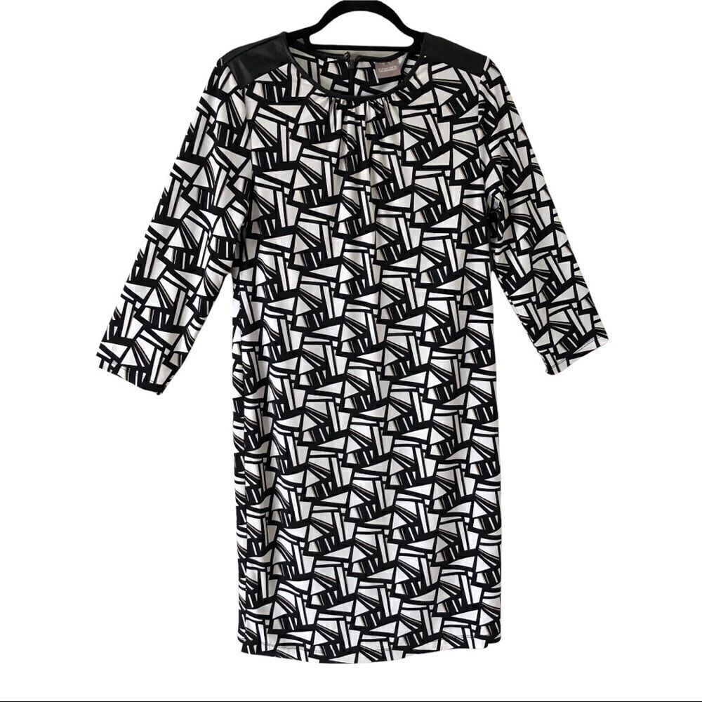 Chico’s‎ Black/White Abstract Pattern Faux Leather Trim Shift Dress Size Small